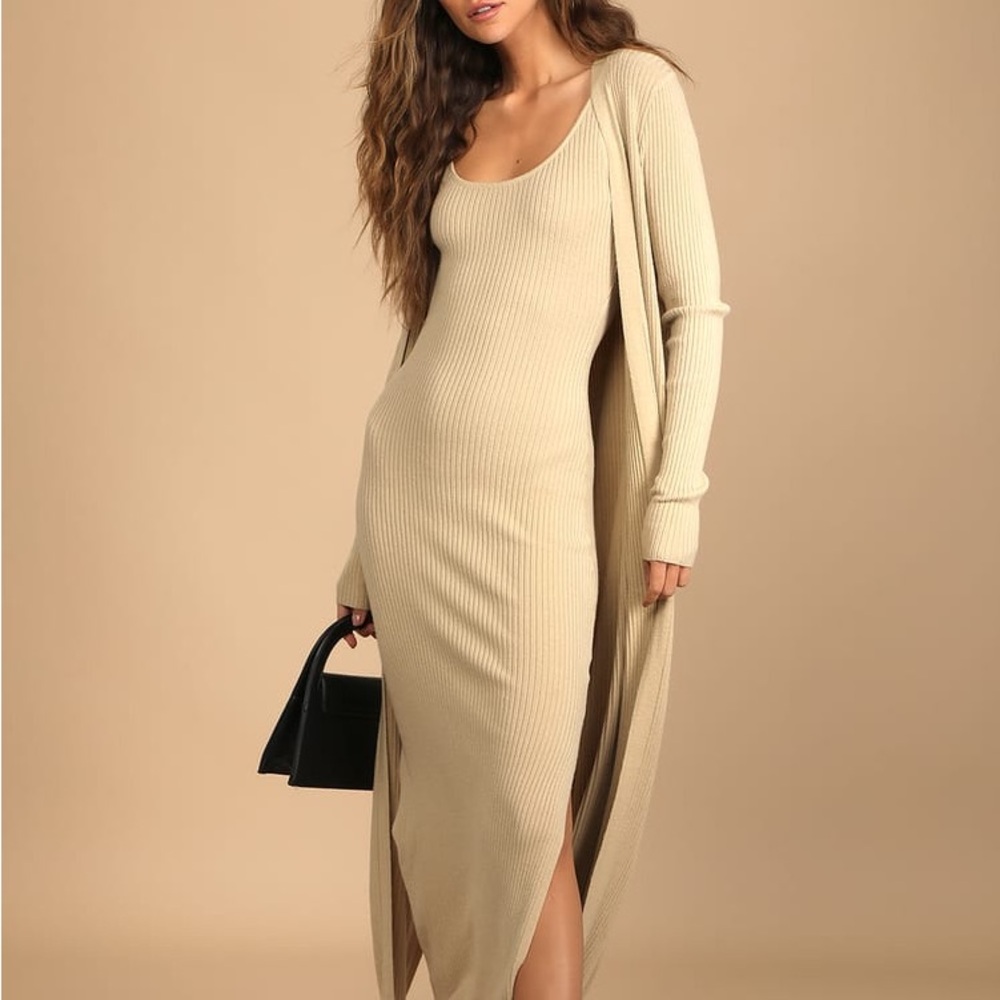 Lulu's Layer Lover Beige Ribbed Knit Two-Piece Dress & Cardigan Set Like New!